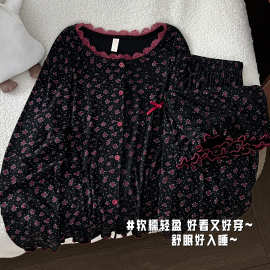 莫代尔2026新款复古风黑色碎花睡衣女款秋春季长袖开衫家居服套装