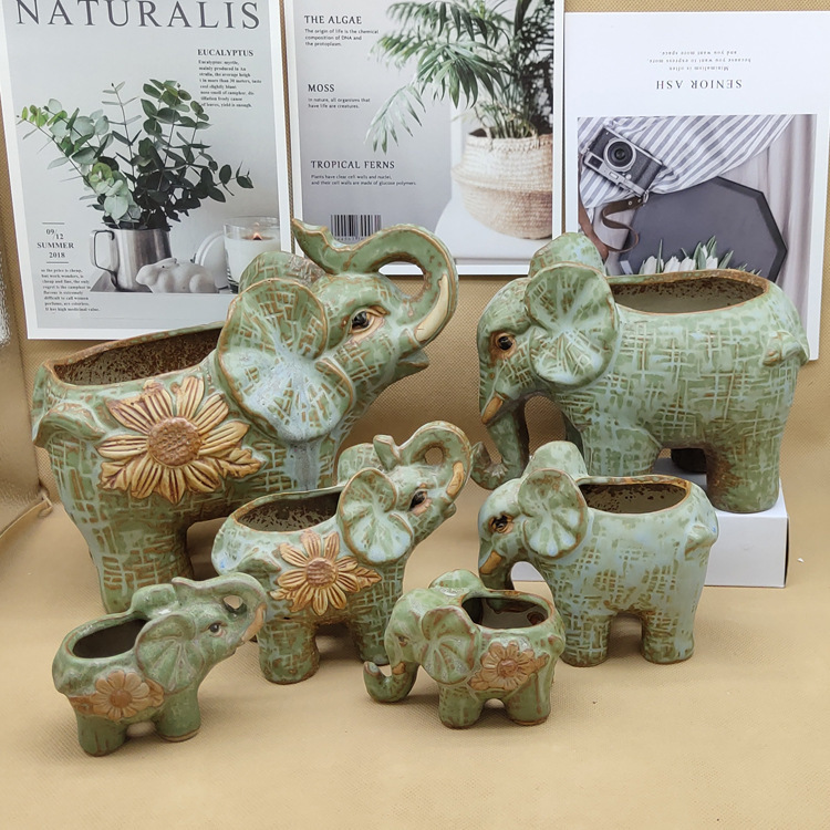 Cross-Border Succulent Flowerpot Elephant Breathable Coarse Pottery Small Potted Green Plant Size Diameter Personalized Ceramic Pot Clearance