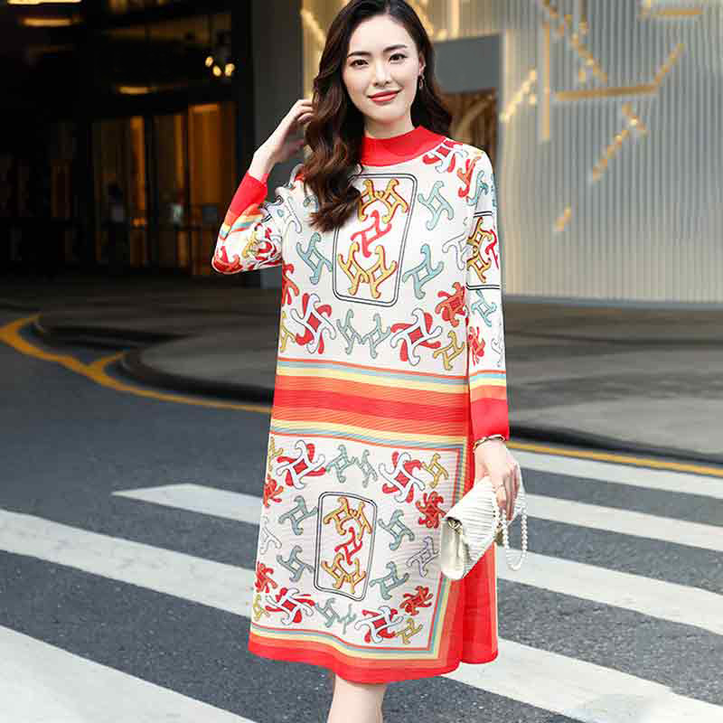 复古印花遮肉春夏女装连衣裙三宅大码宽松长袖半高领中年妈妈裙子