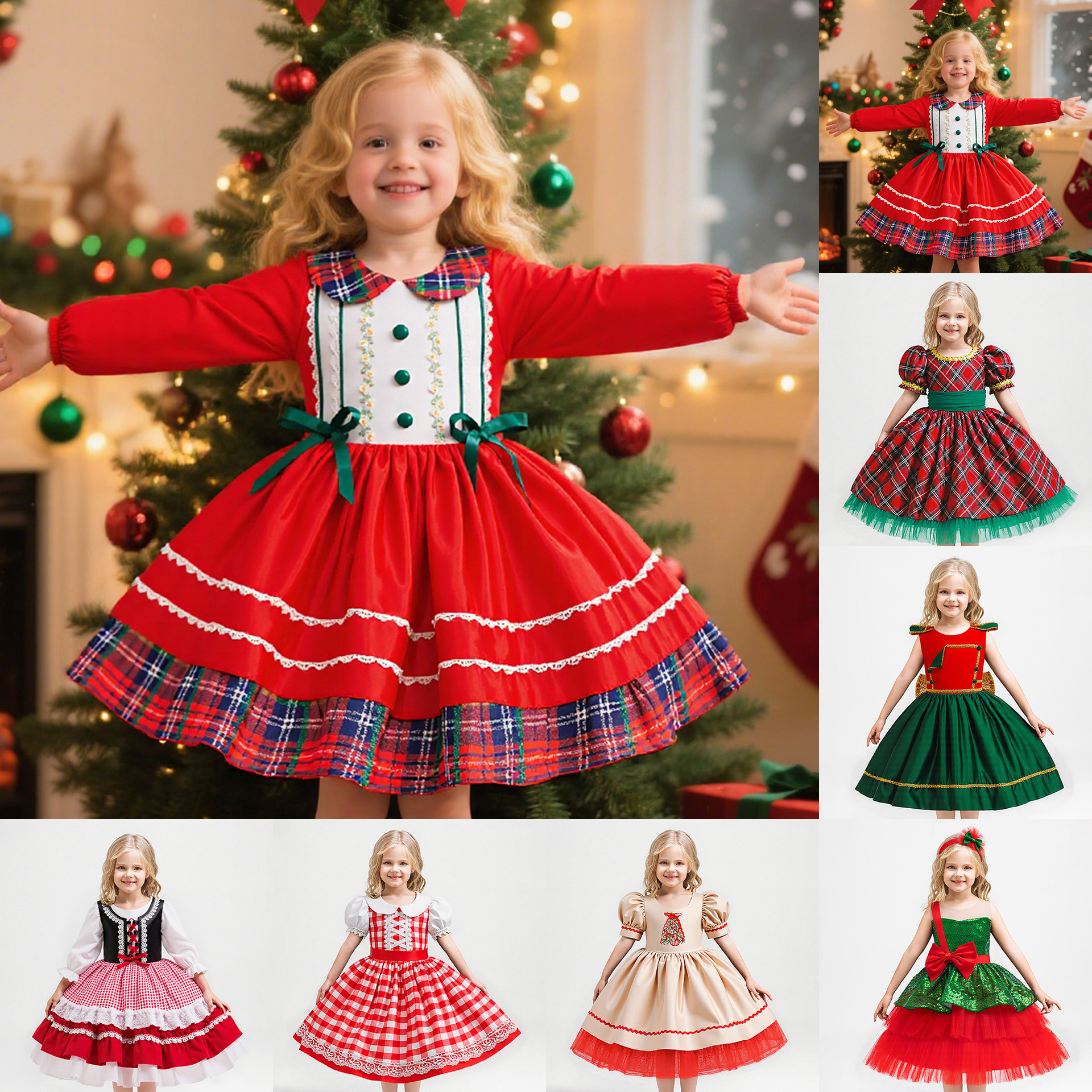 Amazon vestido de Navidad de sequillas rojo y verde COS Santa Claus Snowflake vestido de princesa de malla de niña