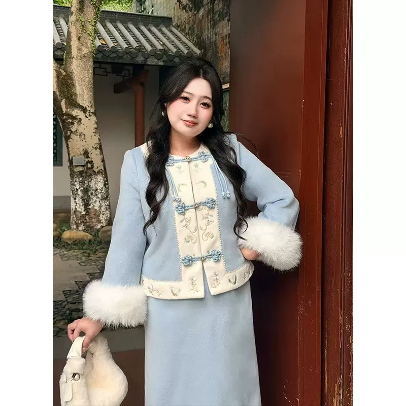 52180新中式改良马甲套装旗袍两件套2025女冬季新款加绒大码套装