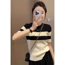 针织条纹短袖T恤女装25春夏薄款轻奢冰丝圆领打底衫拼色内搭上衣