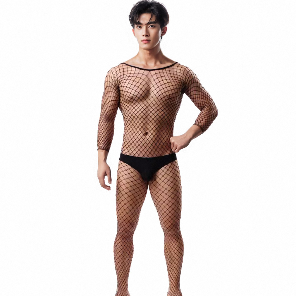 男性の中網の連体のネットの靴下の透明な高弾力の靴下の男性の前後の透かし彫りの股のワンピースのストッキング