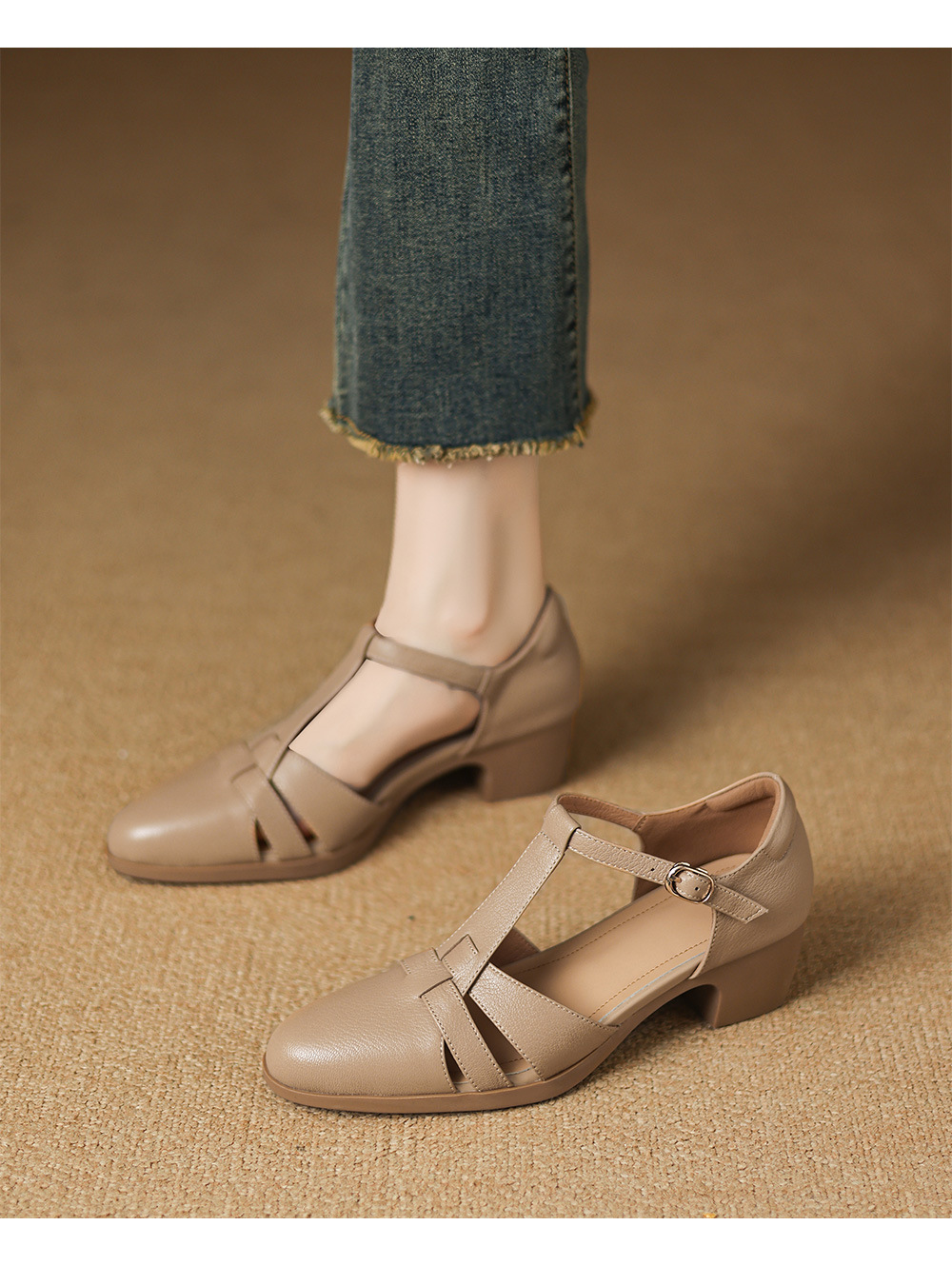 Sandal nữ gót vuông quai ngang phong cách La Mã, đế rỗng, dệt chéo khóa T — đen chi tiết 10