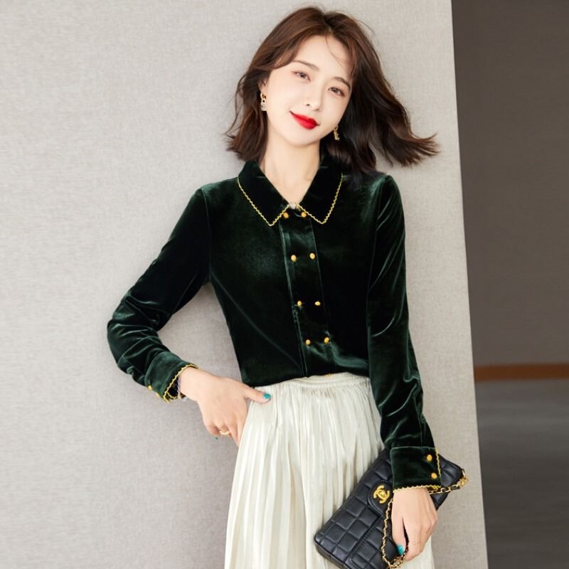 Green Velvet Top Base Shirt Autumn and Winter 2024 New Women's Shirt French Style Spring