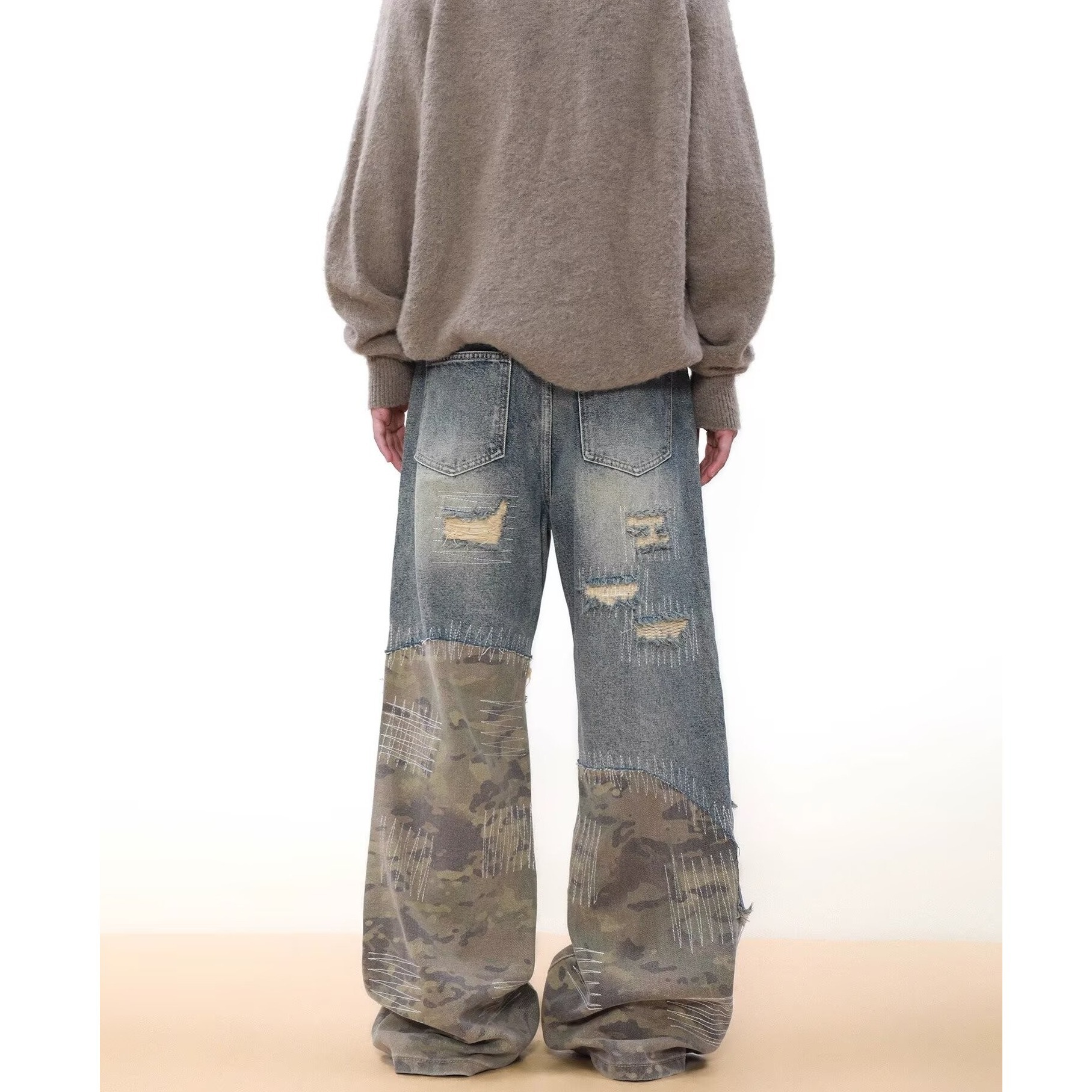Pantaloni estivi da uomo, patchwork mimetico, denim blu, stile americano, jeans vintage lavati e resistenti, effetto invecchiato._voghion.com