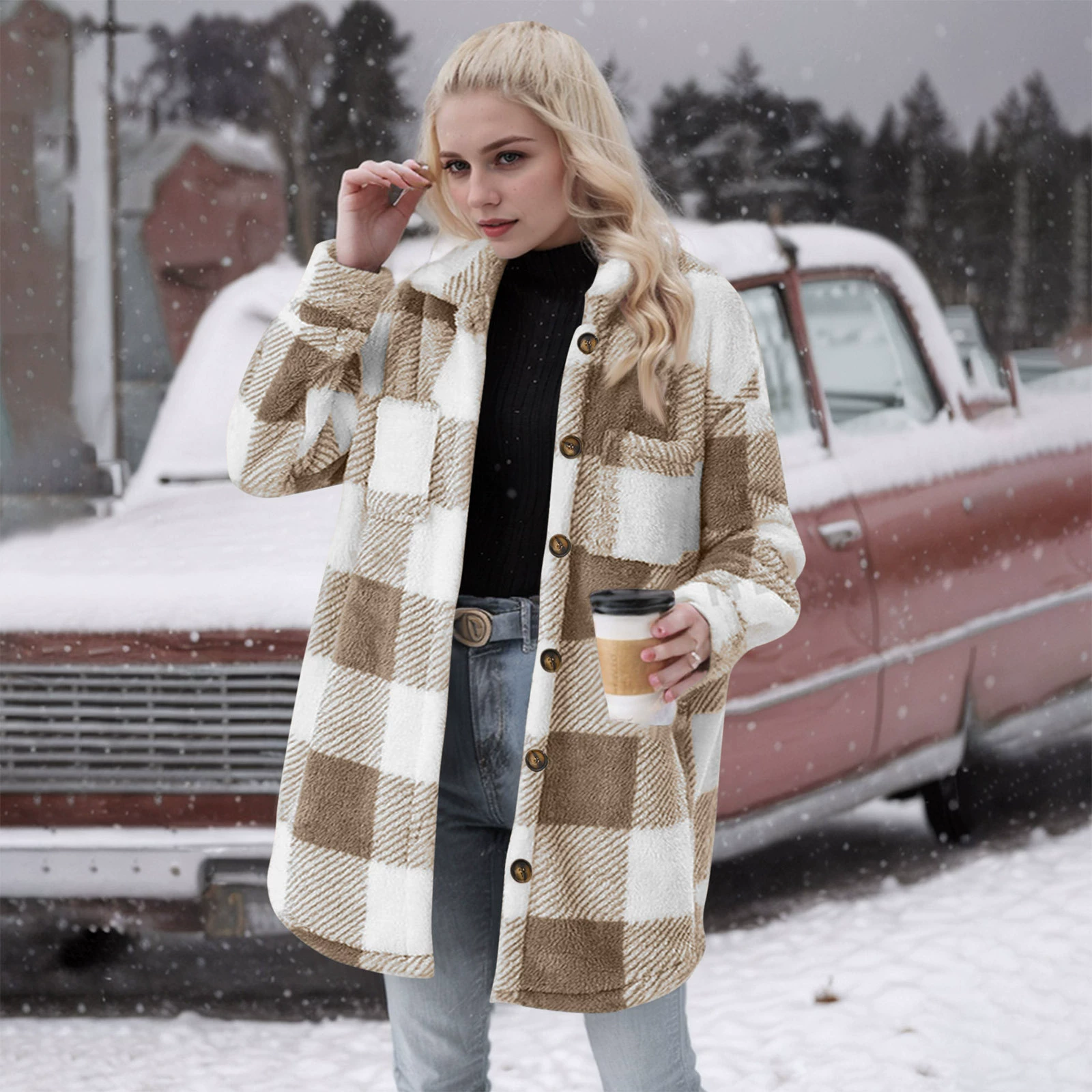 Женская одежда для трансграничной торговли на Amazon (Европа и Америка), осенне-зимнее плюшевое пальто в клетку, универсальное, приталенное, в европейско-американском стиле, 2024