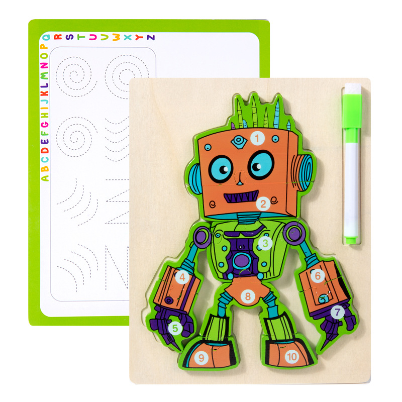 Junta de dibujo de rompecabezas robot multifuncional de madera cuerdas cuentas animales frutas tablero de coincidencia de tráfico para niños pequeños