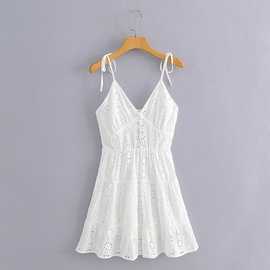 2024春wish亚马逊eBay棉布刺绣V领吊带连衣裙