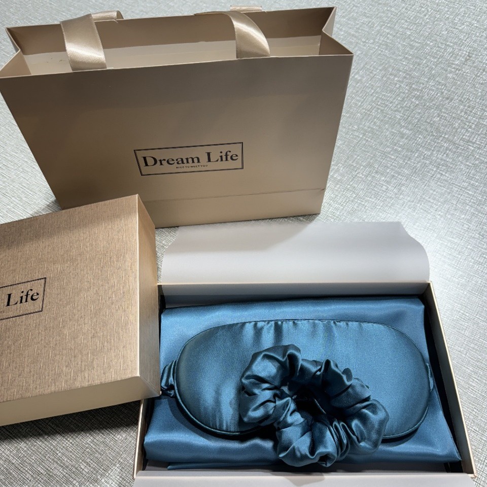 Regalos de alta gama, almohada de seda de alta calidad, cubierta de ojos, anillo de cabello, caja de regalo de seda, 100% seda de morera, conjunto de tres piezas
