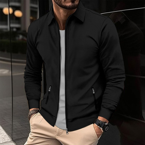 Men's Spring Youth Honeycomb Zipper Pocket Collar Slimming Open Jacket Coat