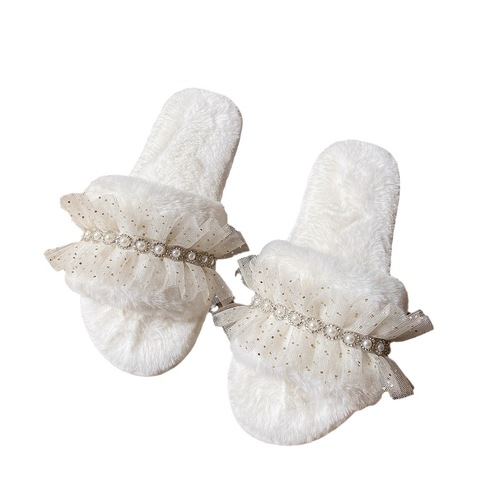 Amazon cross-border open furry slippers for women autumn and winter new home rhinestone lace floor warm cotton slippers