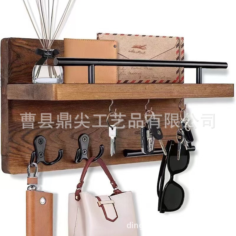レトロな壁掛け収納ラック無垢材フック付きリビングルーム玄関壁掛けキーラック木製レター収納ラック|undefined