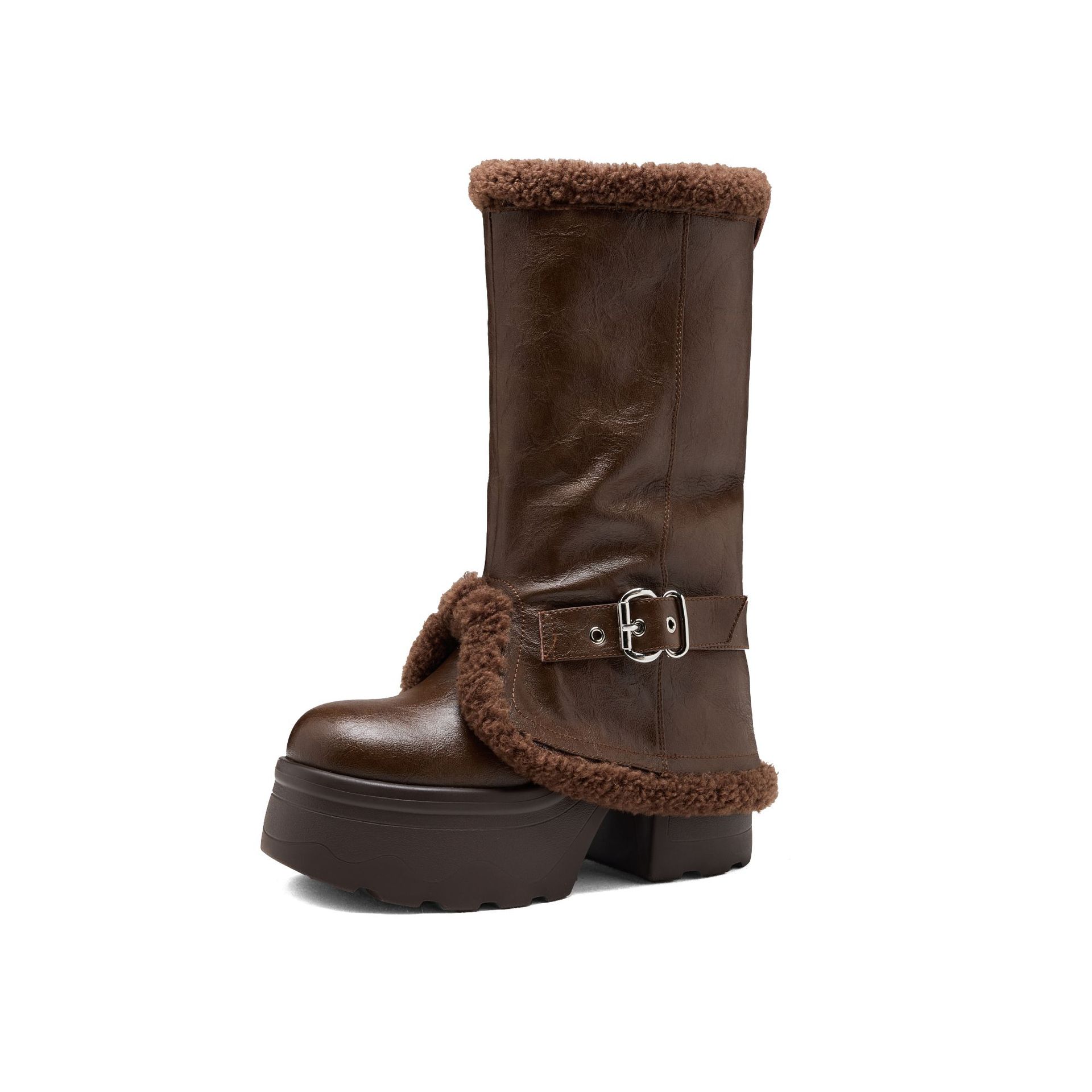 Giày bốt tuyết nữ mũi tròn cổ điển đế dày 12 cm lót lông cừu — nhung nâu