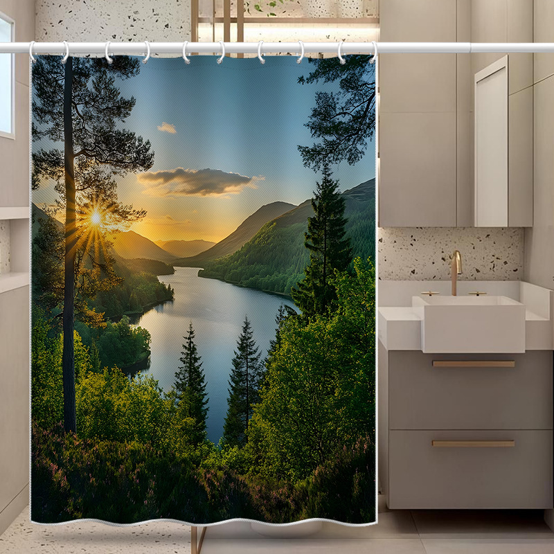 Nuan Yang River Mountain Partition Door Hanging Shower Curtain, Waterproof, Mold-resistant, Thickened Curtain Set, No_voghion.com