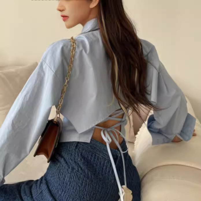 韩国春季新款设计感小众气质后背绑带上衣修身显瘦长袖衬衫女