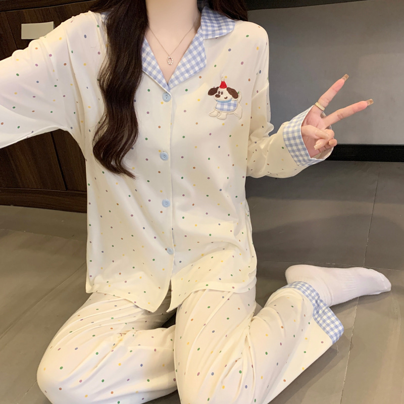彩色波点格纹翻领开衫睡衣ins风卡通小狗长袖长裤家居服套装批发|undefined
