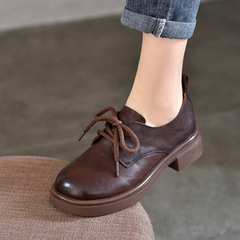 手抓紋頭層牛皮單鞋女英倫風小皮鞋2024春季新款真皮深口低幫女鞋