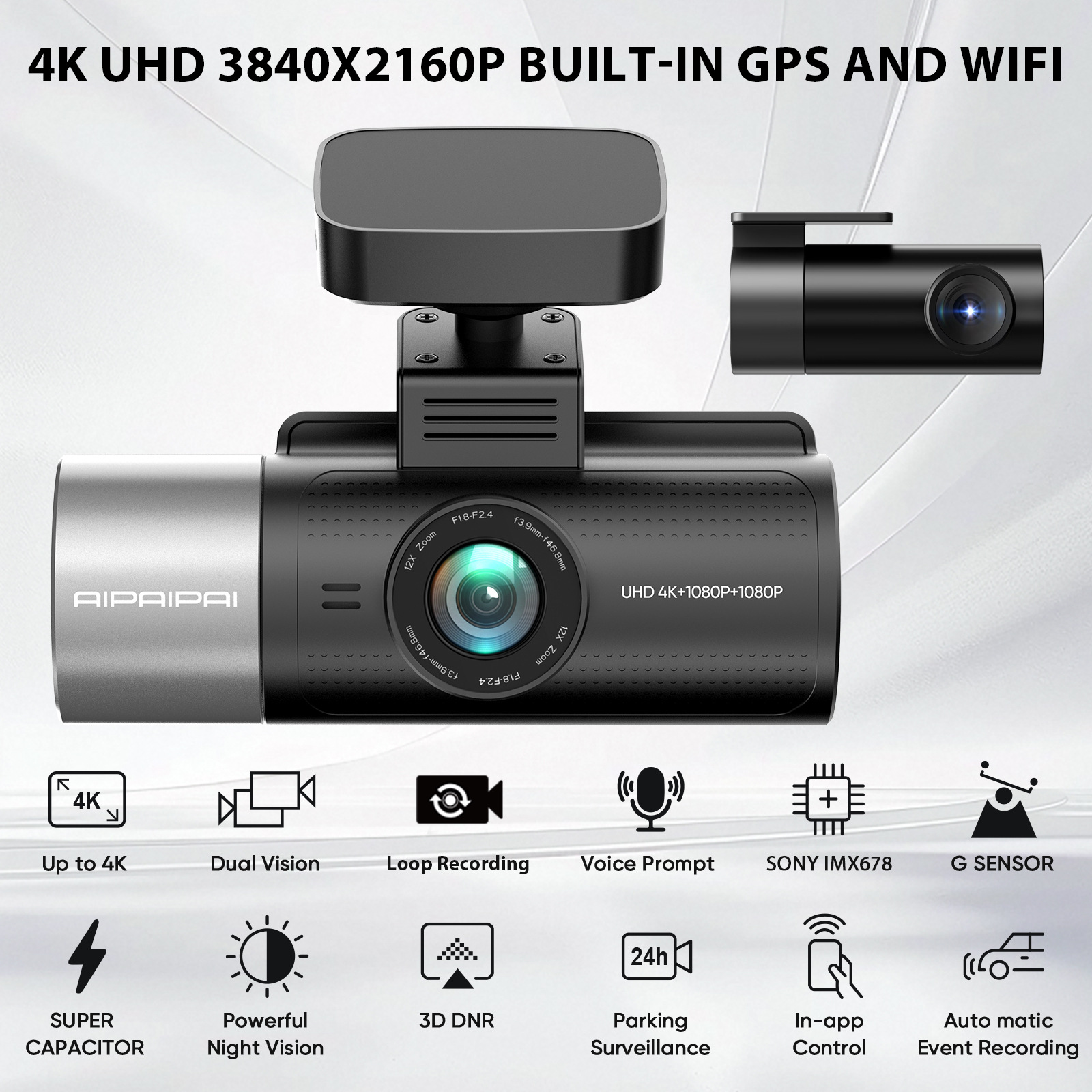 4K+1080P+1080P 3-Lens Dash Cam with Front, Rear, and Interior Cameras, Built-In Gps, High-Definition Night Vision