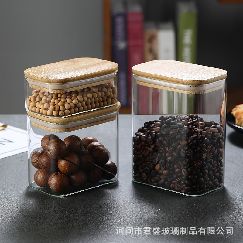 Tanque de almacenamiento de vidrio transfronterizo de alto borosilicato, tanque de sellado, tanque de té, tanque de cubierta de bambú, tanque de sellado de vidrio rectangular