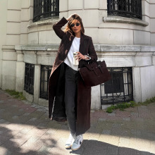 跨境热销麂皮绒外套女长款风衣时尚女装美式复古美拉德咖色夹克