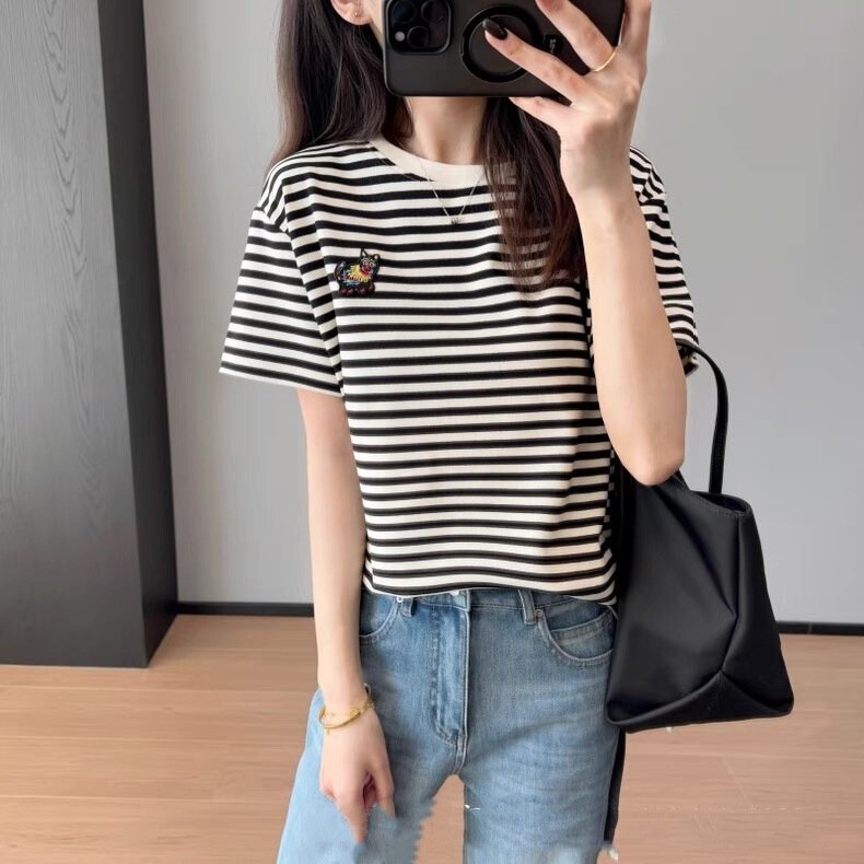 1.3K+ Fresh Color-Blocking Collar Fu Shou San Duo Ribbed Striped Short-Sleeve T-Shirt for Women, New Spring/Summer 2025 Style