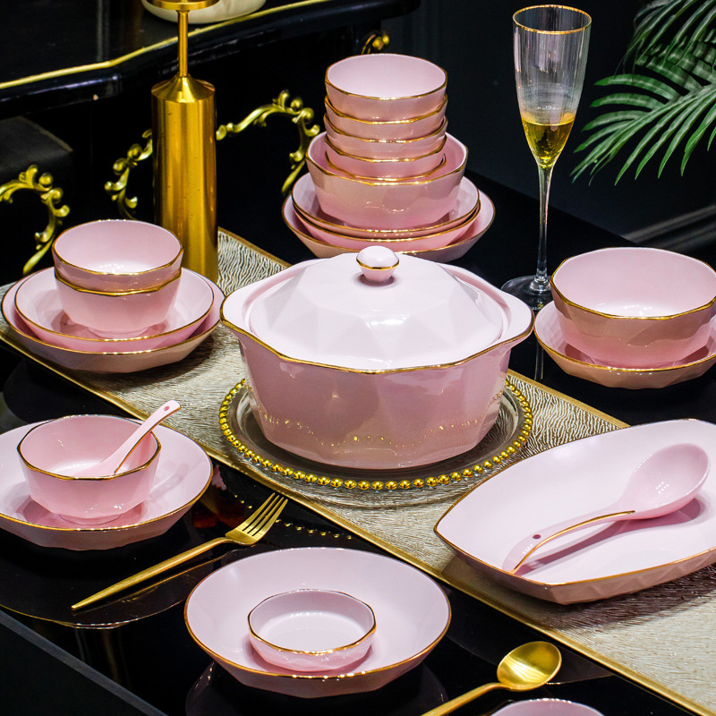 Net red high color value pink rice bowl plate noodle bowl ceramic tableware Jingdezhen dishes suit household wholesale optional