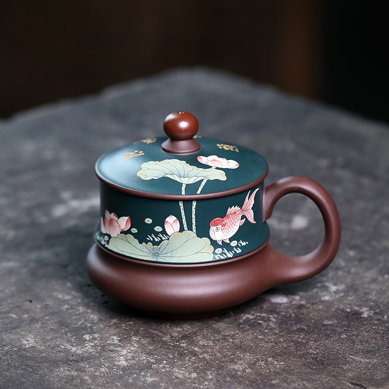 宜兴紫砂杯纯手工粉浆泥绘年年有余男女杯子带盖办公紫砂茶杯