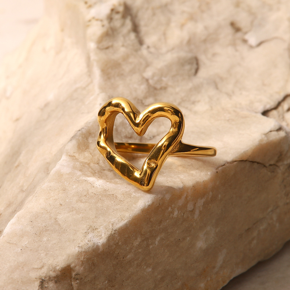 PVD Coated Gold Plating Process 18K Real Gold Plated Plating Material Wholesale Jewelry IG Style Sweet Heart Shape 304 Stainless Steel 18K Gold Plated Hollow Out Rings