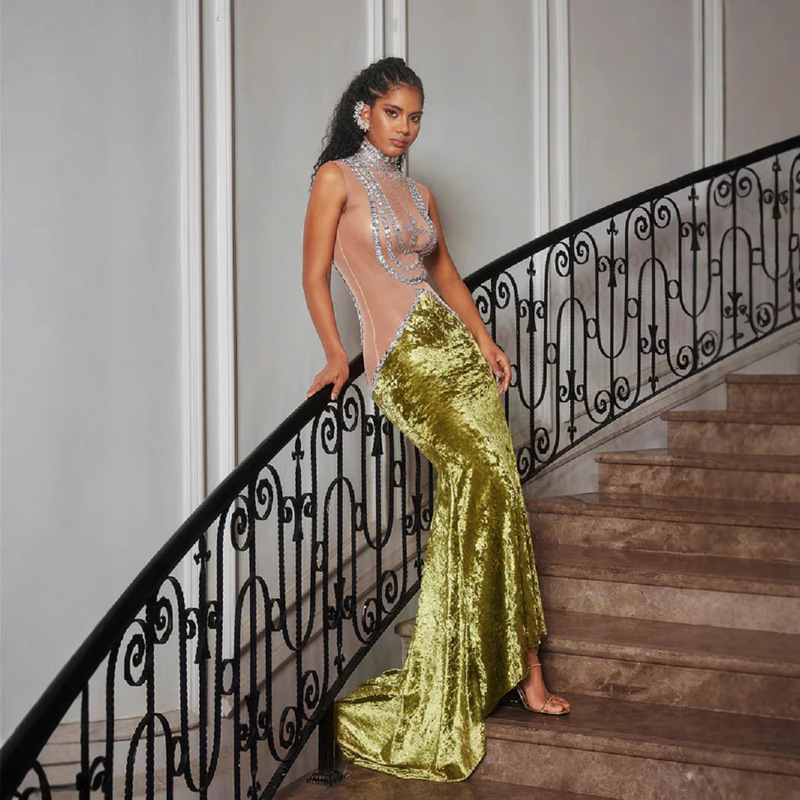 Women's Yellow Rhinestone Velvet Mermaid Dress Evening Dress suit high quality Heavy Industry Thin Waist dress Women's Yellow Rhinestone Velvet Mermaid Dress Evening Dress suit high quality Heavy Industry Thin Waist dress