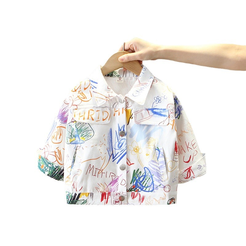 5867 Chaqueta de otoño para niños 2024 Chaqueta de mezclilla de graffiti de celebridades de Internet para niños Primavera y otoño Moda Fried Street