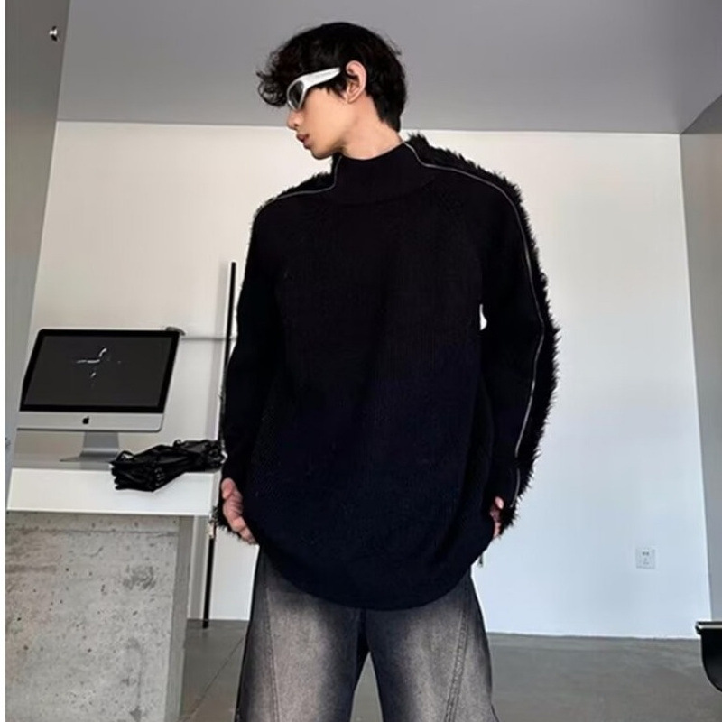 Men's Clothing street zipper sweater brand high street casual deconstruction design loose round neck knitted sweater trend_voghion.com
