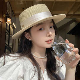 法式缎面织带平顶草帽女夏季海边出游度假拉菲草小礼帽防晒太阳帽