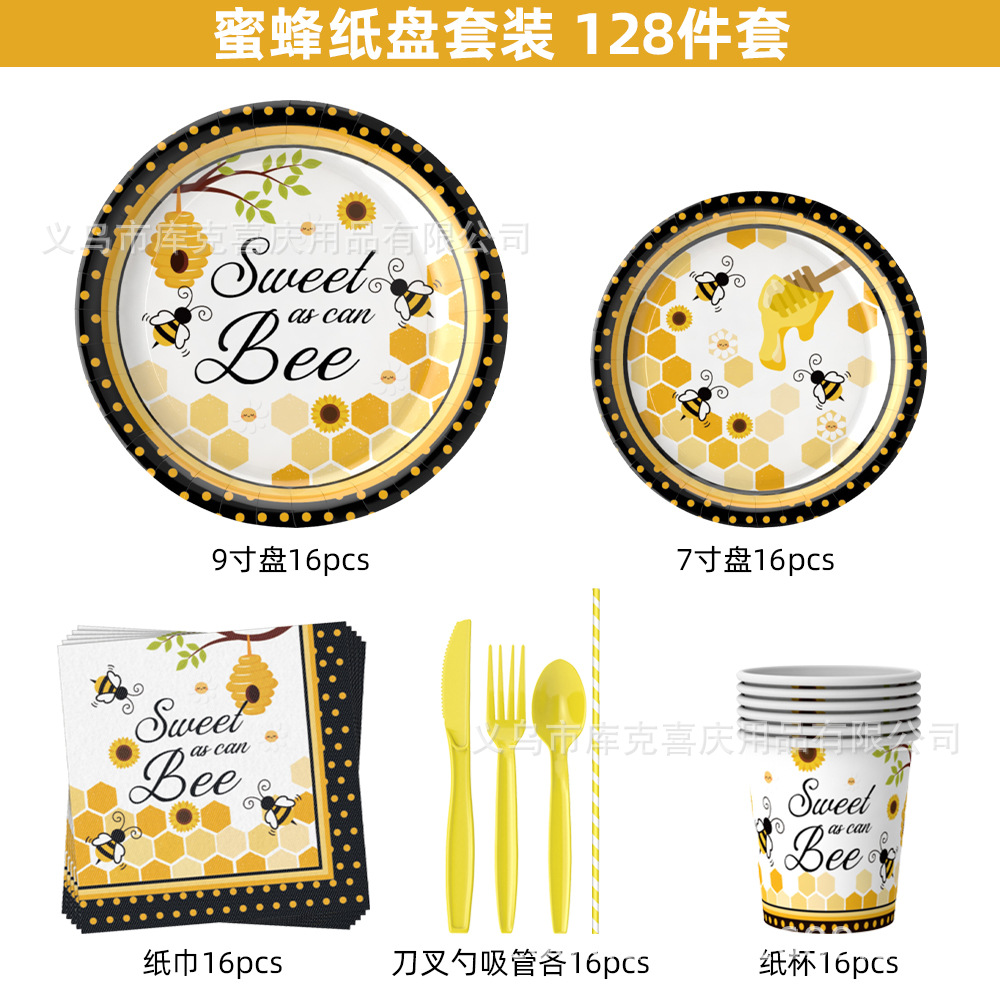 Amazon primavera abeja tema fiesta bandeja de papel desechable tazas de papel toallas de papel cubiertos set de decoración de cumpleaños para niños