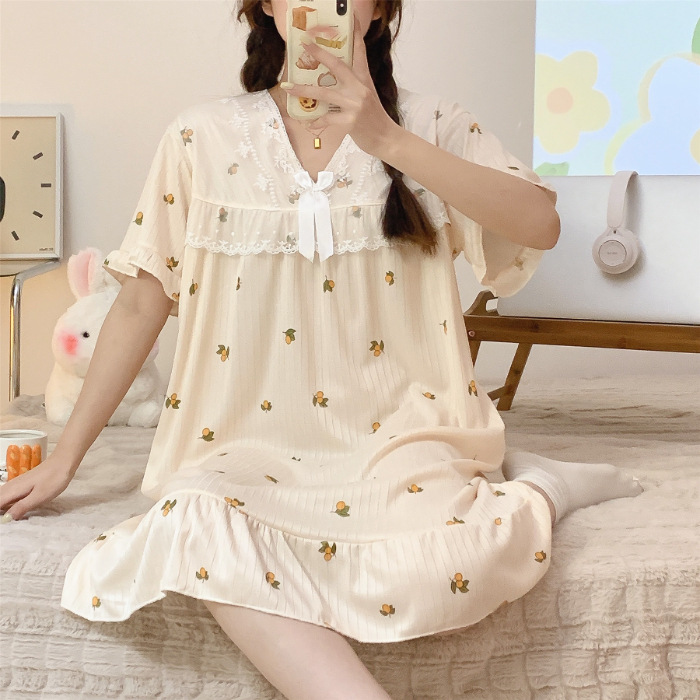Comercio exterior verano camisón de encaje manga corta pijamas delgada dibujos animados dulce lindo estudiante seda la leche desgaste del hogar