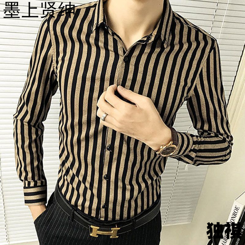 Camisas de manga larga para hombres Ropa de moda coreana para hombres guapos Tops de otoño para hombres de marca de moda Camisa larga a rayas casual