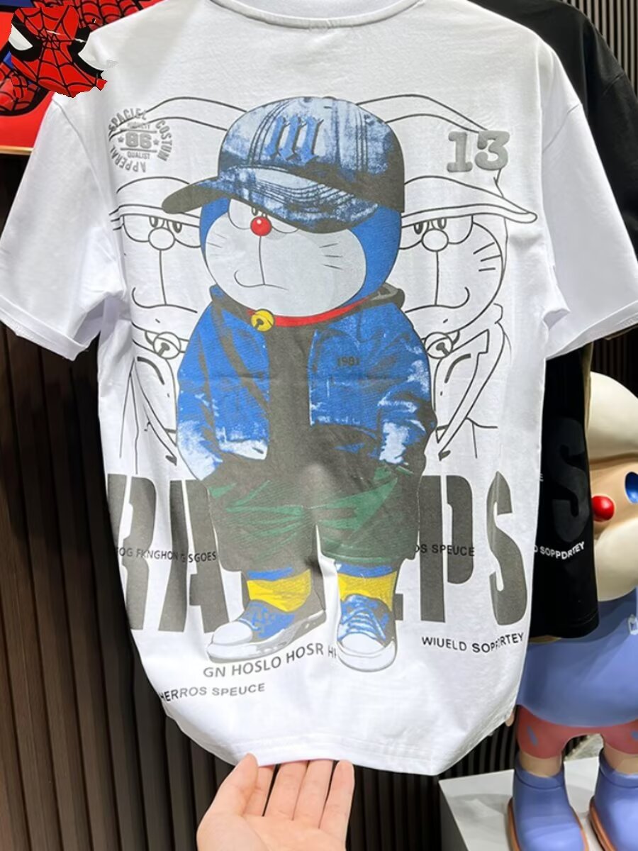 Marca de moda impresión de dibujos animados camiseta de manga corta para hombres verano camiseta de cuello redondo de media manga adolescente ropa casual suelta