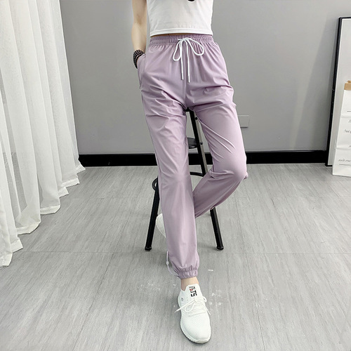 Summer New Women's Thin Casual Ice Silk Leggings Highly Elastic Breathable Cool Quick-Drying Tied-Down Sports Leggings 9/10 Length for Women