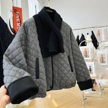 韩系毛呢夹棉菱格短款棉服女冬季新款宽松休闲保暖夹克外套潮薪