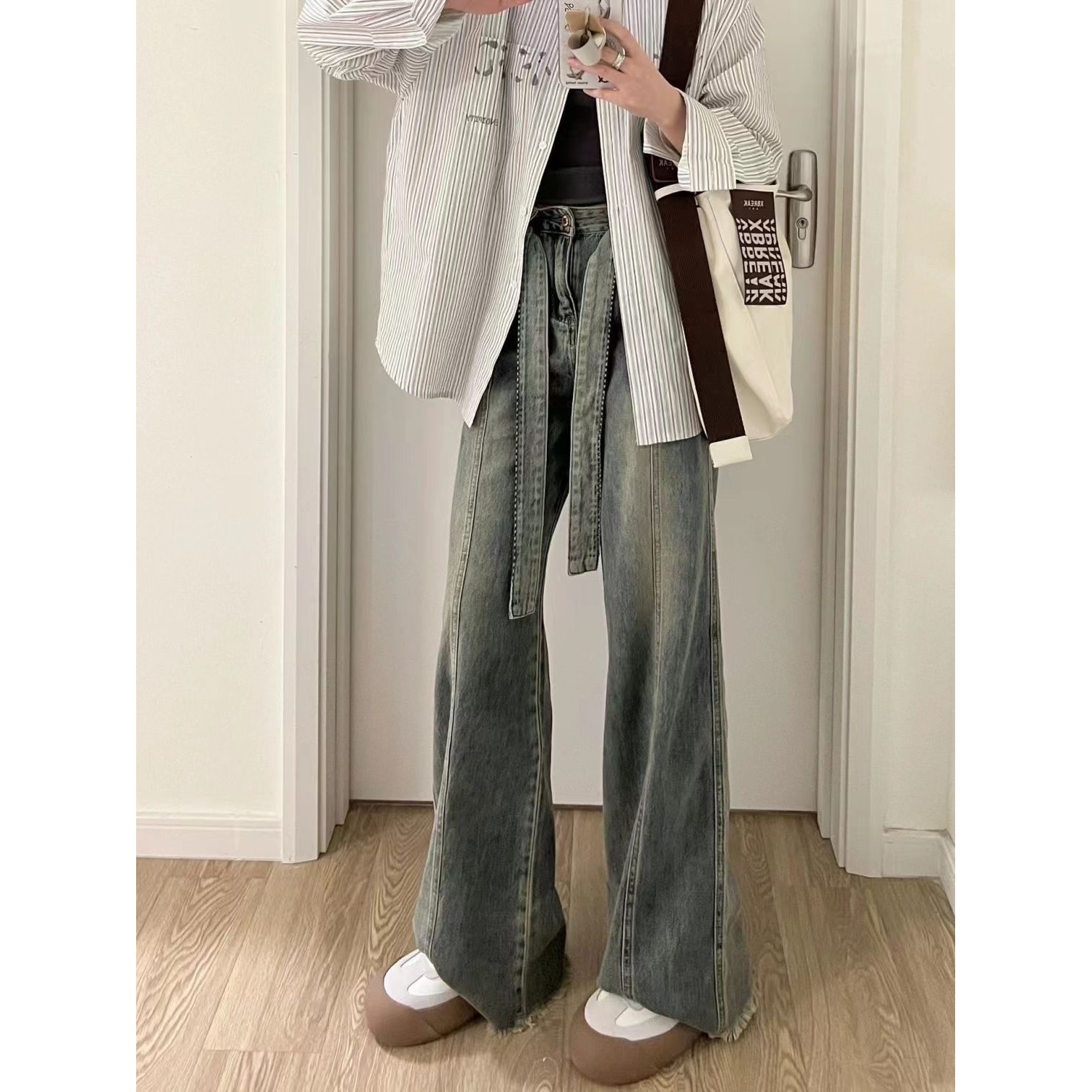 高个子怀旧蓝阔腿牛仔裤女秋新款宽松高腰阔腿显瘦毛边长裤