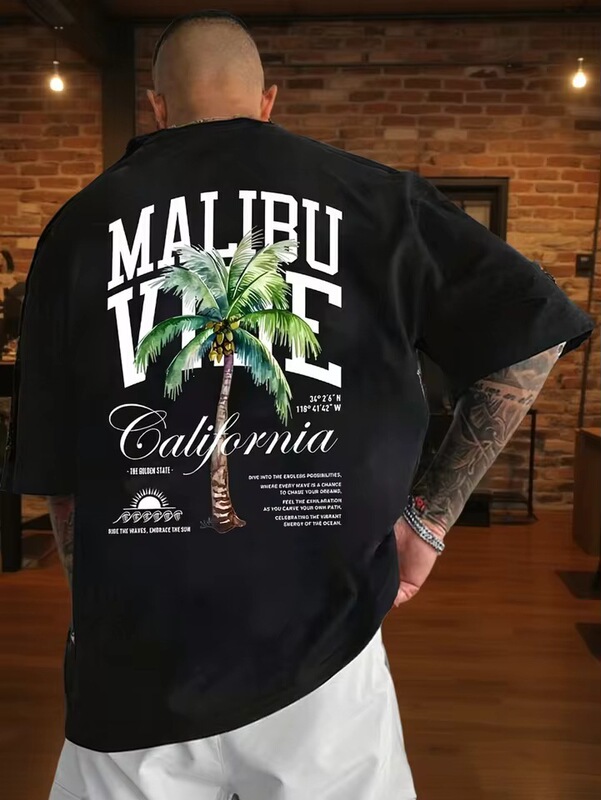 Malibu California palm tree print breathable and comfortable cotton men's T-shirt, great for summer parties