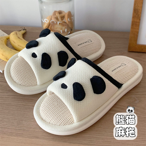 Japanese ins cute cartoon panda four-season universal linen slippers for women soft-soled home casual floor cotton and linen shoes