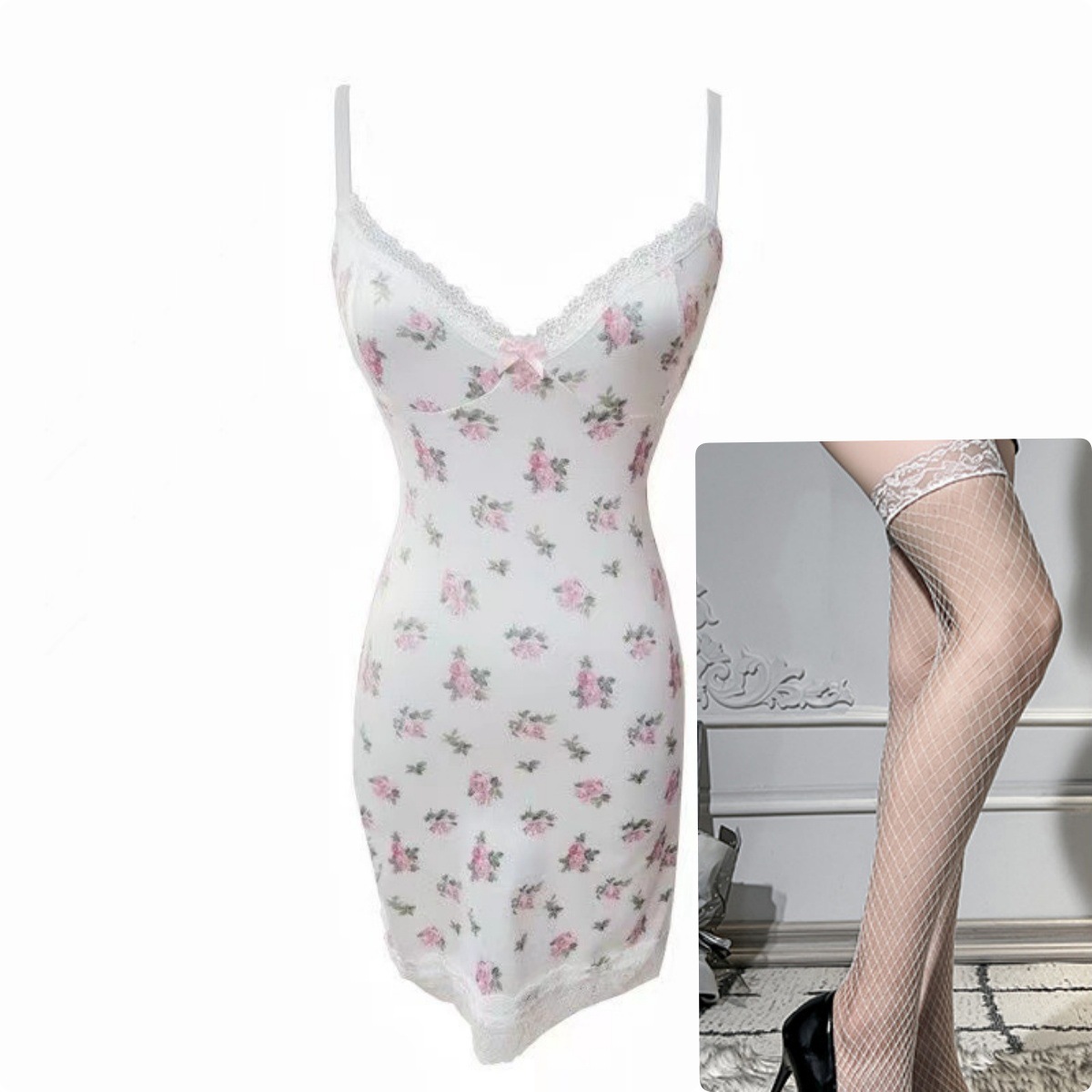 작은 꽃무늬 레이스 멜빵 + 흰색 망사 스타킹
