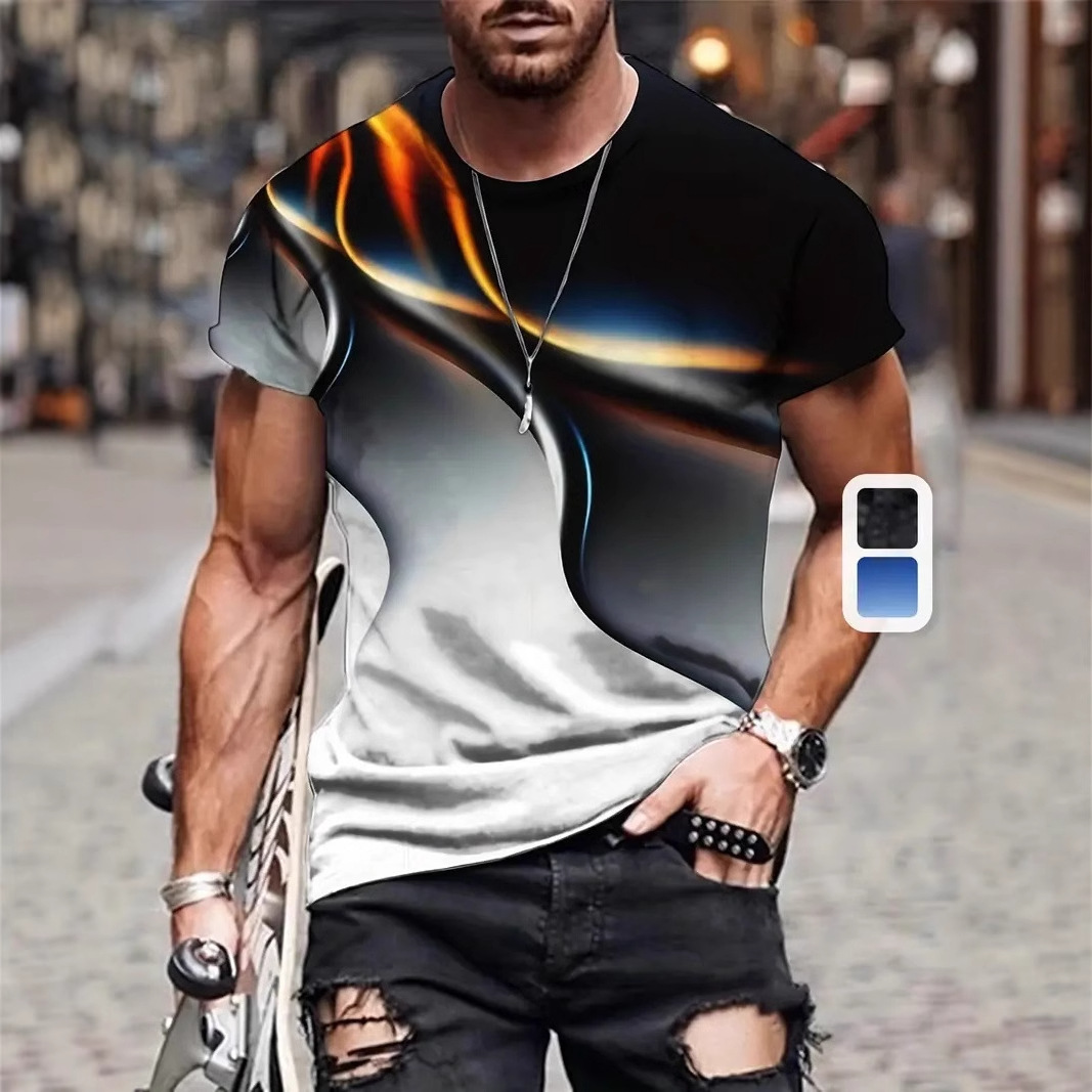 Camiseta de cuello redondo suelta y transpirable de manga corta de la calle para hombre Spot moda metal colorido halo impresión 3D