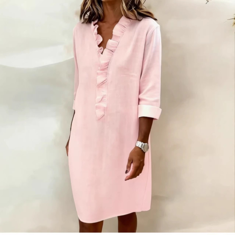 2026 European and American Cross-Border Spring New Fashion Slim-Fit Women's Ruffled Long-Sleeve Cotton-Linen Shirt Dress 2026 European and American Cross-Border Spring New Fashion Slim-Fit Women's Ruffled Long-Sleeve Cotton-Linen Shirt Dress