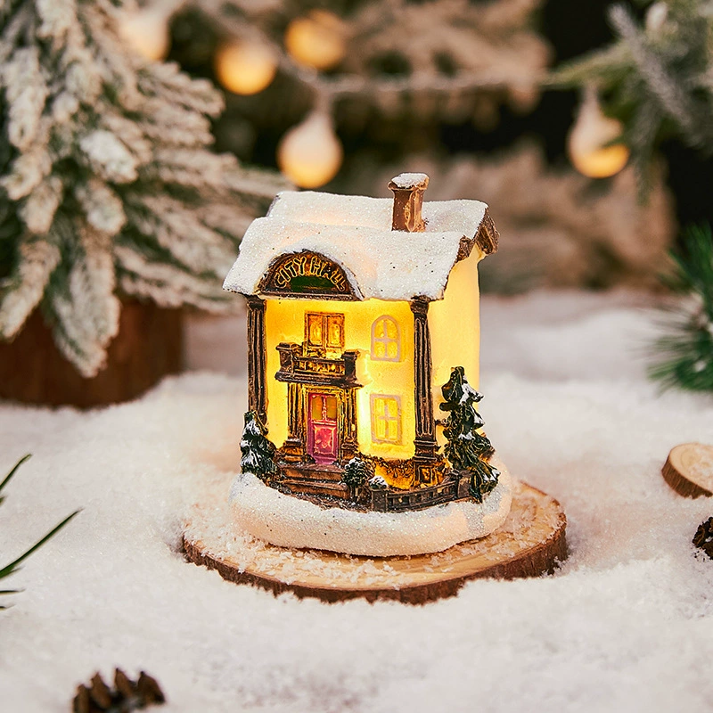 Miniature resin house decorations, micro landscape LED models, battery‑powered, assorted sizes 7–10 cm
