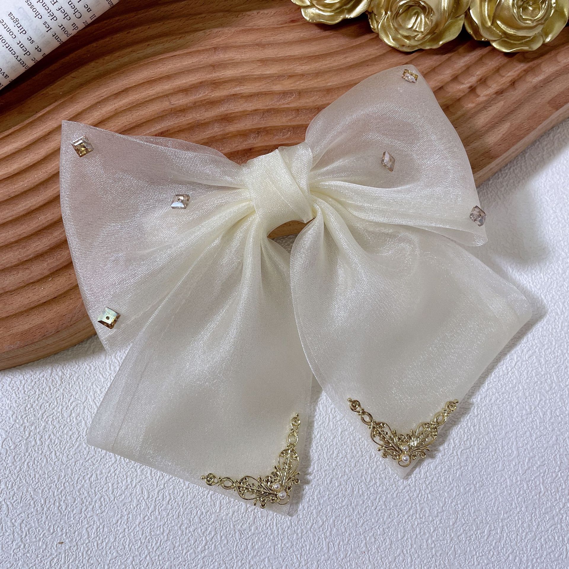 Women Off White Bow Organza Crystals Hair Clip Claw Formal Casual Accessory Gift organza hair bows for women main image 4