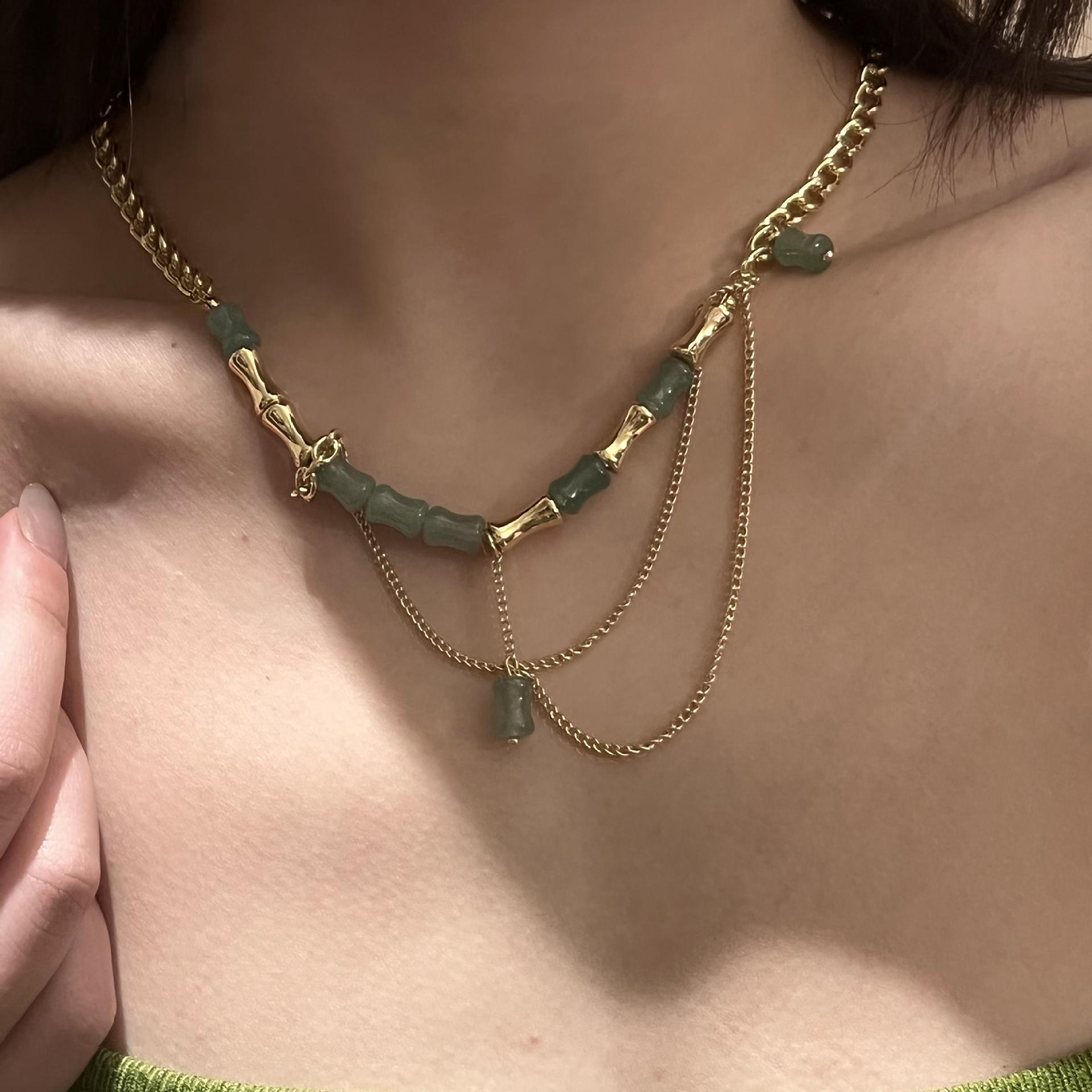 Retro 18 Karat Plattierte Dicke Kette Gold Aventurin Stein Halskette Im Chinesischen Stil display picture 1