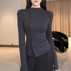 高级感灰色长袖t恤女2025秋季新款内搭打底衫不规则修身显瘦上衣