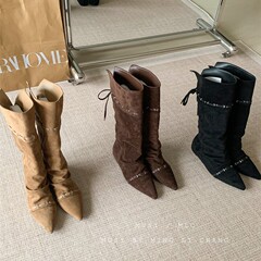 时髦精长靴2025秋冬细带尖头绒面细跟高筒靴不过膝高跟长靴女鞋